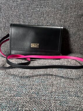 kate spade Black Leather Crossbody with Pink-Trim Strap